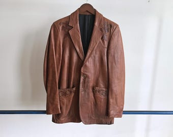 Small 70s Scully Leather Blazer / Hippie Patchwork Embellished Sport Coat 1960s 1970s
