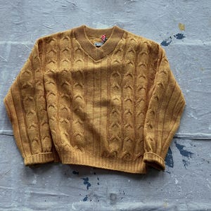Medium / Large 60s Wool Orange Cable Knit Sweater / 1960s Men's Wool Pullover V Neck