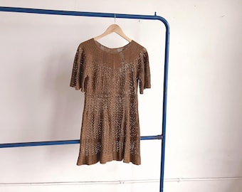 Antique Crochet Dress / Brown Cotton Knit Handmade Short Skirt