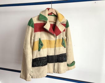 XS 30s Hudson's Bay Women's Wool Blanket Coat / Point Blanket Ski Jacket 1930s Small