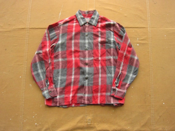 Medium 50s Rayon Plaid Loop Collar Shirt / Arrow,… - image 1