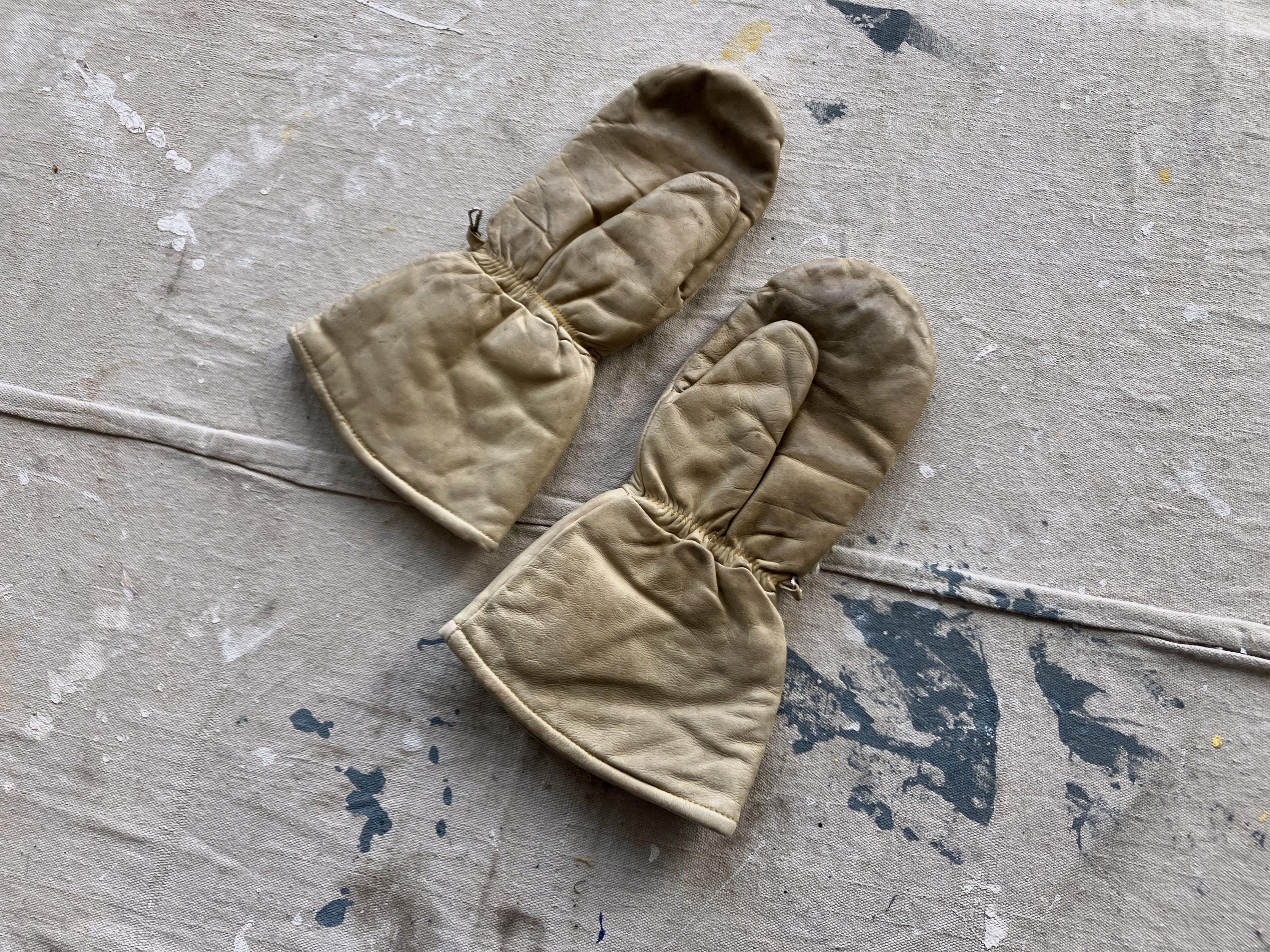 XL Vintage Cream Leather Fleece Lined Mittens / 1980s 1970s Chopper Winter Gloves Men's Large XL