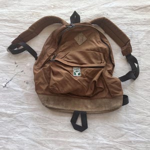 Vintage 70s Brown Nylon Leather Bottom Backpack / 1970s 1980s Outdoor Products Hiking Teardrop Backpack