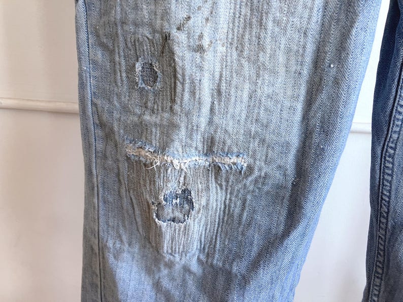 XL / XXL 90s Thrashed Dickies Coveralls / Herringbone Twill Striped Denim Mechanics Mended Jumpsuit image 9