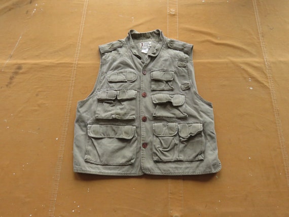 Large 80s / 90s Fishing Utility Vest / Tactical Green Beige Canvas