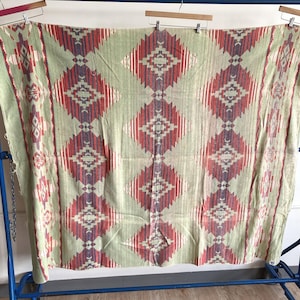 Vintage 40s / 50s Camp Blanket / Frayed Faded Red Blue Yellow Green 1940s 1950s Cotton Geometric Pattern