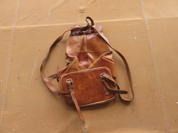 Large 70s Leather Backpack / Handmade XL Oversize… - image 4