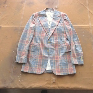 Medium Tall / Size 40 70s Plaid Sport Coat / Pink Blue Preppie Plaid Men&#39;s Jacket Blazer