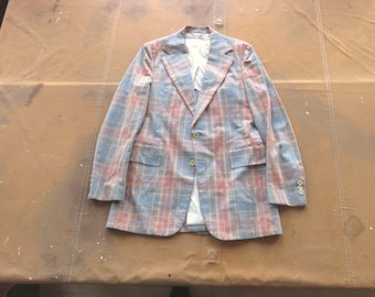 Medium Tall / Size 40 70s Plaid Sport Coat / Pink Blue Preppie Plaid Men's Jacket Blazer