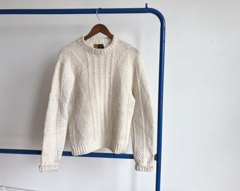 Small / Medium 70s / 80s Fisherman Cable Knit Sweater / White Cream 1970s 1980s