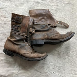 Men&#39;s 7.5 / 8 40s Distressed US Army Double Buckle Combat Boots / Brown Leather 1940s WW2 WWII Military
