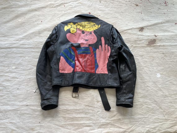 Large 80s Black Leather Painted Motorcycle Jacket / Slant Side Zipper 1970s 1980s Dennis The Menace Punk Battle Jacket