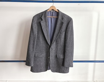 Vintage 80s Herringbone Tweed Sport Coat - Marine Blue Wool Blend