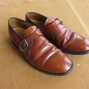 Men&#39;s 9.5 60s / 70s Ankle Strap Oxford Shoes / Brown Leather Slip On
