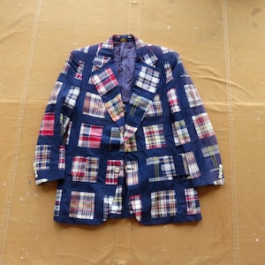 Small / Size 38 60s Madras Plaid Patchwork Sport Coat / 1960s Cotton Men&#39;s Suit Coat Sport Jacket Plaid
