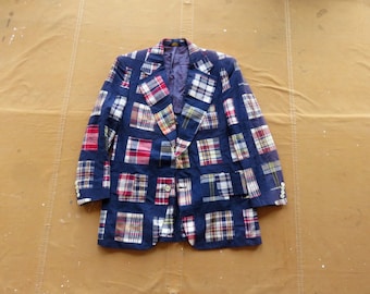 Small / Size 38 60s Madras Plaid Patchwork Sport Coat / 1960s Cotton Men's Suit Coat Sport Jacket Plaid
