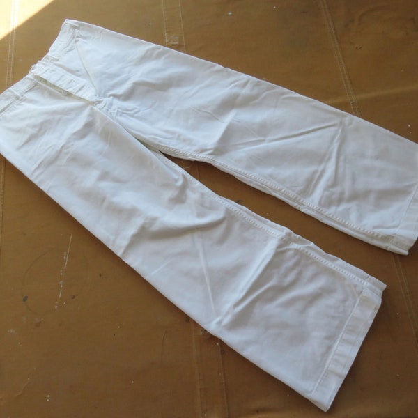 31 / 32 Waist 60s US Navy White Cotton Uniform Pants / Button Fly 1960s USN Middy Sailor Trousers