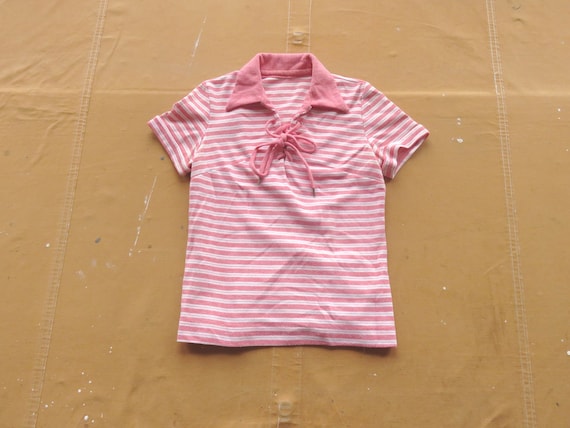 Small 70s Women's Striped Lace up Polo T-shirt / Top Pink - Etsy