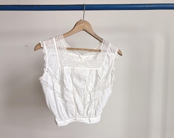 XXS Antique Women's White Cotton Sleeveless Lace Top / Victorian Blouse