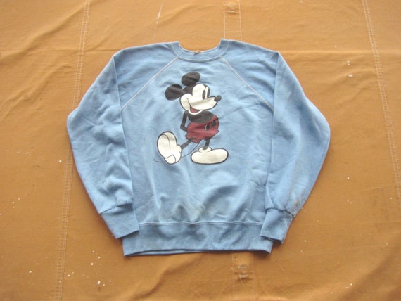 Small 70s Mickey Mouse Sweatshirt / Baby Blue Distressed Paint