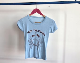 Camiseta XS de los años 70 con la frase "Tengo cangrejos" / Broma sexy, atrevida y picante de los años 70