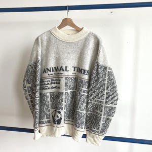 Medium / Large 90s Wool Newspaper Sweater / All Over Pattern Knit Acrylic