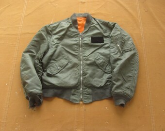 Medium 70s US Air Force L-2B Flight Jacket / Bomber, Green Orange Reversible Stencil Trash Thrashed L2B