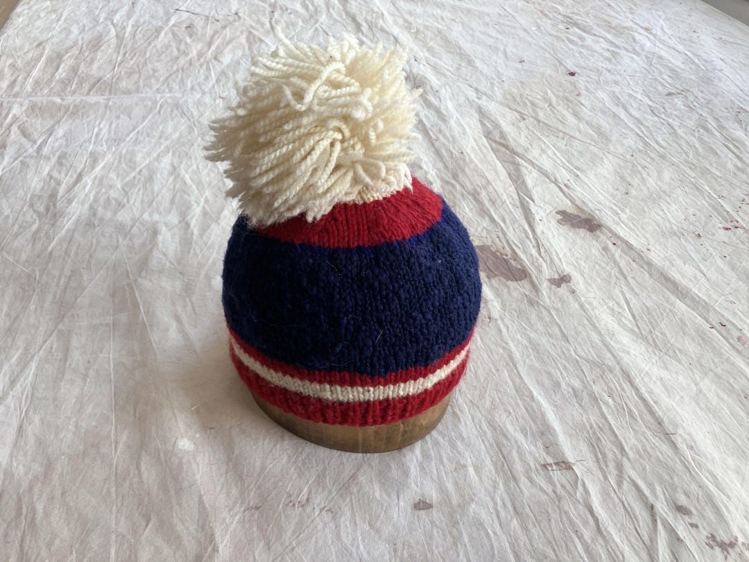 Handmade Wool Cream Knit Beanie with Red, Yellow & Blue Motif Chunky Yellow, Green, Blue and Red Knit Hat, Cream Crochet  main image 2