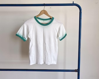 XS / Small 60s Durene Jersey T-shirt / 1960s Green White Ringer Rayon Cotton