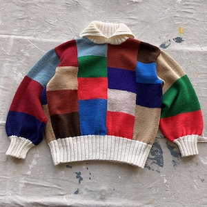 Medium 60s / 70s Hand Knit Colorblock Collared Sweater / Color Block Handmade 1960s 1970s Unique One of a Kind