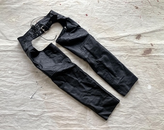 Small 90s Black Leather Chaps / 1990s Motorcycle Open Back Interstate Leather