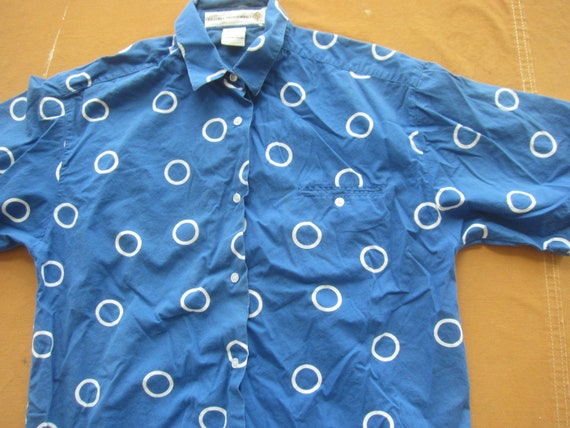 Large 90s Blue & White Polka Dot Cotton Shirt / S… - image 7