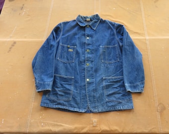 XL 70s Osh Kosh Denim Chore Coat / Dark Denim Sanforized 1970s 100% Cotton Railroad Engineer Jacket Four Pockets OshKosh