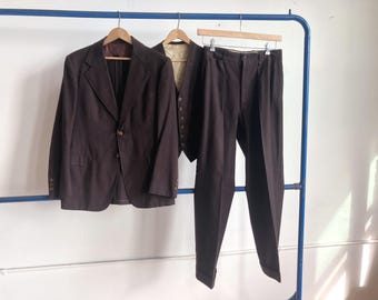 Small 30s Antique Three Piece Suit / Belt Back 1930s Men's Pinstripe Brown 36