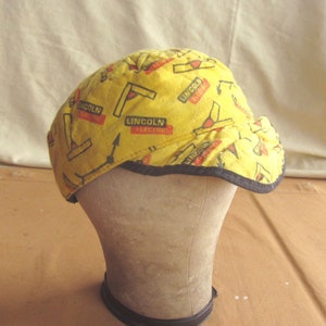 Small / Medium 70s Lincoln Electric Electricians Quilted Hat / All Over Print Promotional Short Brim Welders Work Hat 1970s