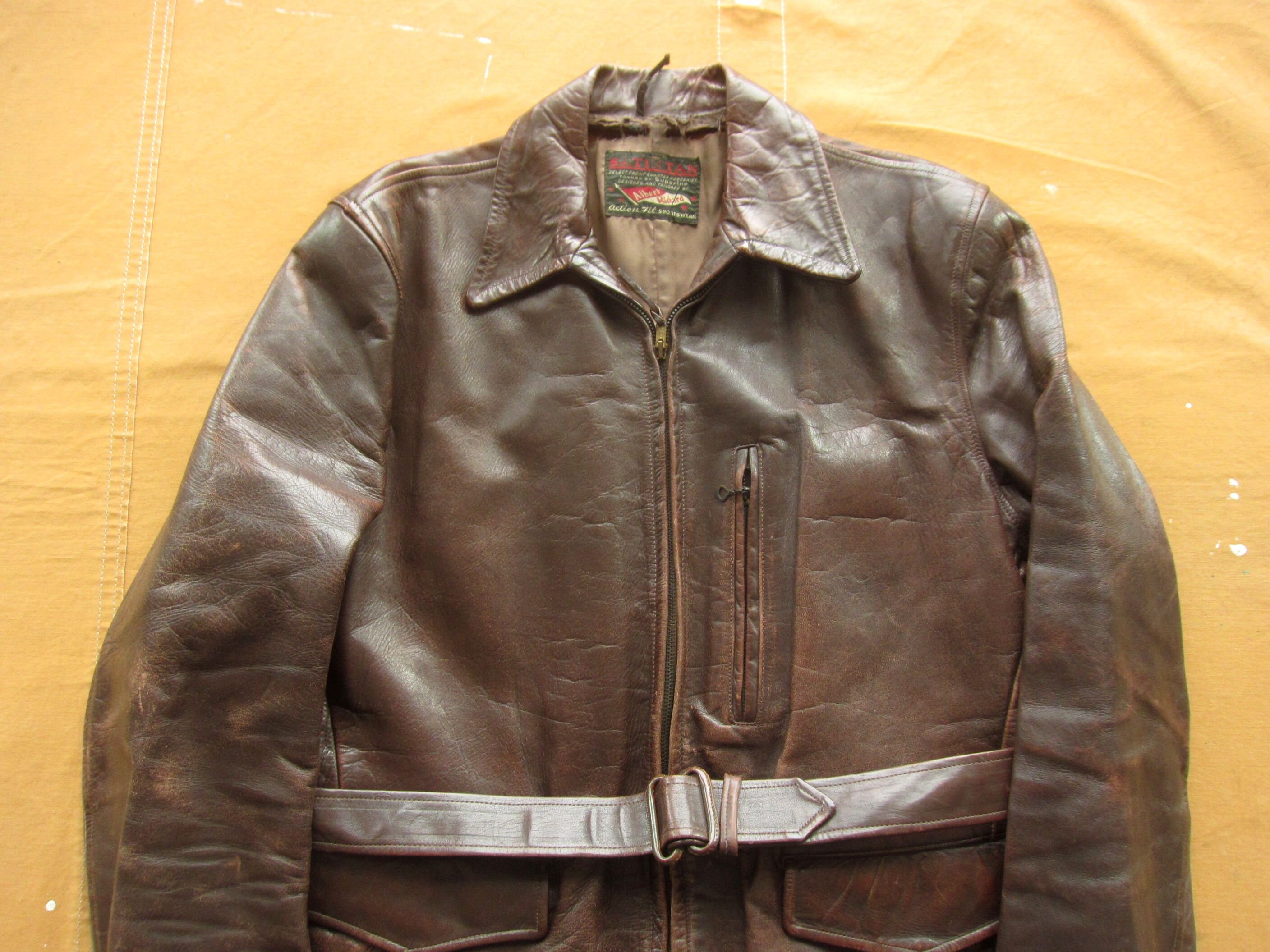 Small 50s Horse Hide Leather Belted Jacket / Horsehide 1950s