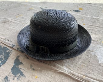 Small 30s / 40s Men's Black Straw Bowler Hat / Distressed Faded Derby