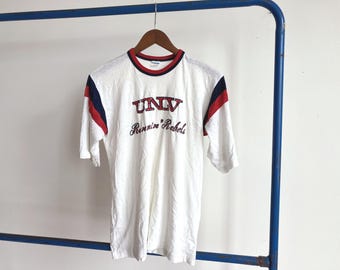 Medium 70s University Nevada Las Vegas Jersey T-shirt / Distressed 1970s White Blue Bar