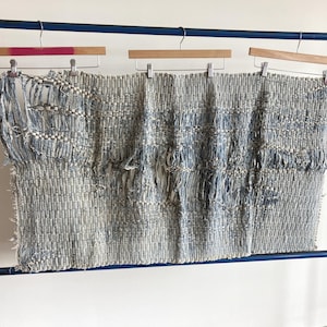 Vintage Denim Rag Rug / Faded Indigo Workwear Folk Art Textile Distressed Runner Scrap Rug