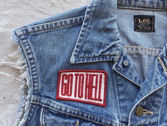 Small 60s / 70s Lee Patched Biker Denim Vest / Cu… - image 3
