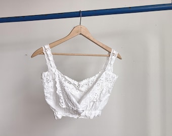 XXS Antique Women's White Cotton Sleeveless Lace Top / Victorian Blouse