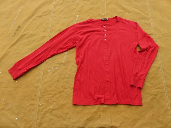 Large 90s Red Cotton Henley Long Sleeve 