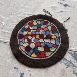 Antique Small Hooked Rug Piece / Handmade Vintage 1930s 1940s Scrap Fabric Cotton Rug Geometric Pattern Primitive Rainbow Stained Glass