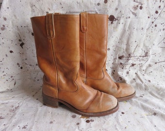 Men's 10 70s / 80s Cowboy Boots / Stacked Heel Brown Leather Pull On Round Toe Heeled Western Style Boots Campus 10.5