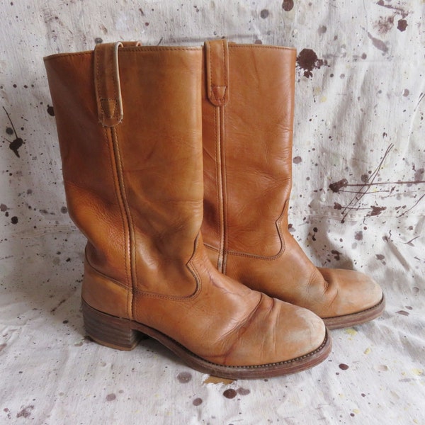 Men's 10 70s / 80s Cowboy Boots / Stacked Heel Brown Leather Pull On Round Toe Heeled Western Style Boots Campus 10.5