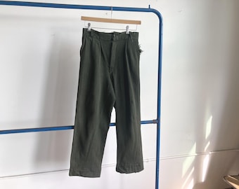 31 Waist 50s Distressed Whipcord Uniform Pants / Green Wool Gabardine Men's Trousers