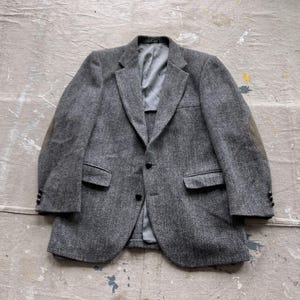 Talla 38/40 Abrigo deportivo de tweed Harris de los años 80 / Chaqueta de lana de espiga de tweed jaspeado gris de los años 80 Stafford pequeña mediana