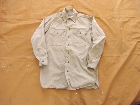 Paint Stained Military Army Short Sleeved Shirt Khaki Vintage