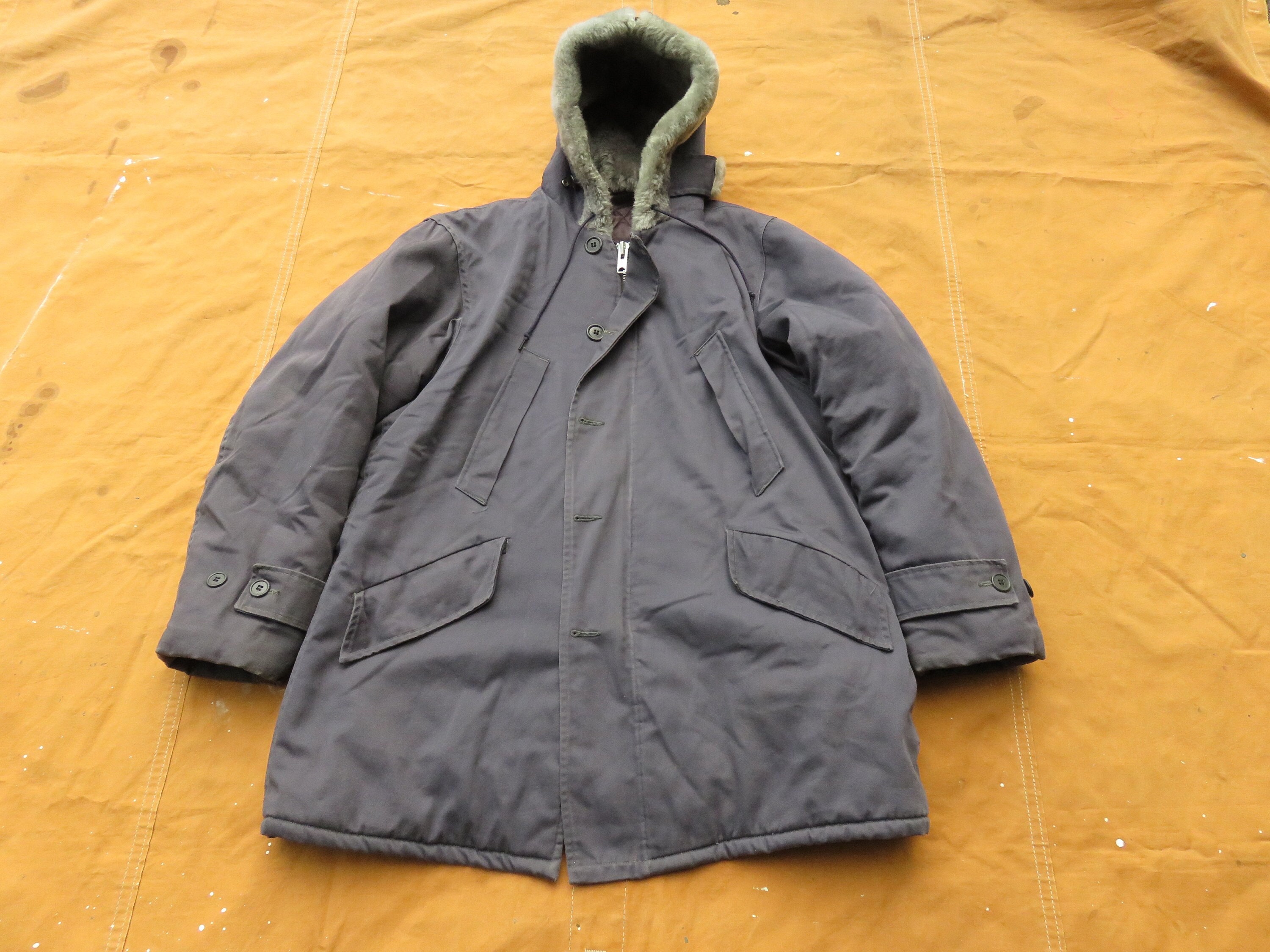 Large 50s Cotton Hooded Parka Jacket / Blue Gray Grey, Fur zLined Hood, Shearling, 1950s, Army Military Style, B-9 B9 Parka Jacket