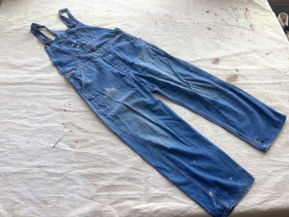 Large 60s / 70s Painters Overalls / Denim Distressed Farmer Frayed